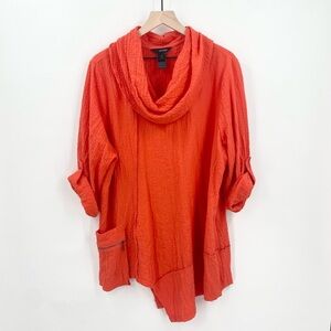 Ali Miles Cowl Neck Asymmetrical Tunic Roll‎ Tab Sleeves Red Textured Top 1X